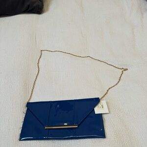 Blue Patent Leather Clutch with Gold Chain